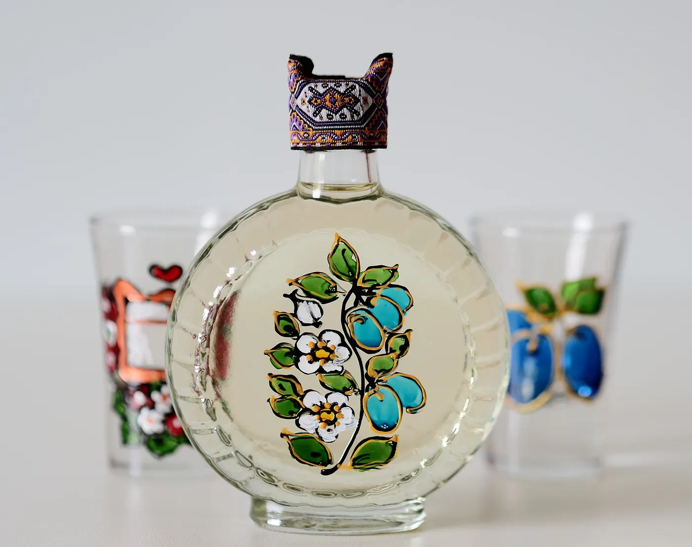 A decorated flask of šljivovica, plum brandy