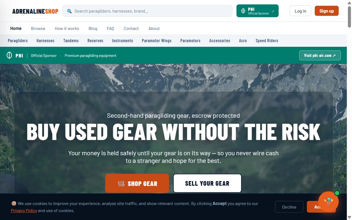 The AdrenalineShop marketplace homepage