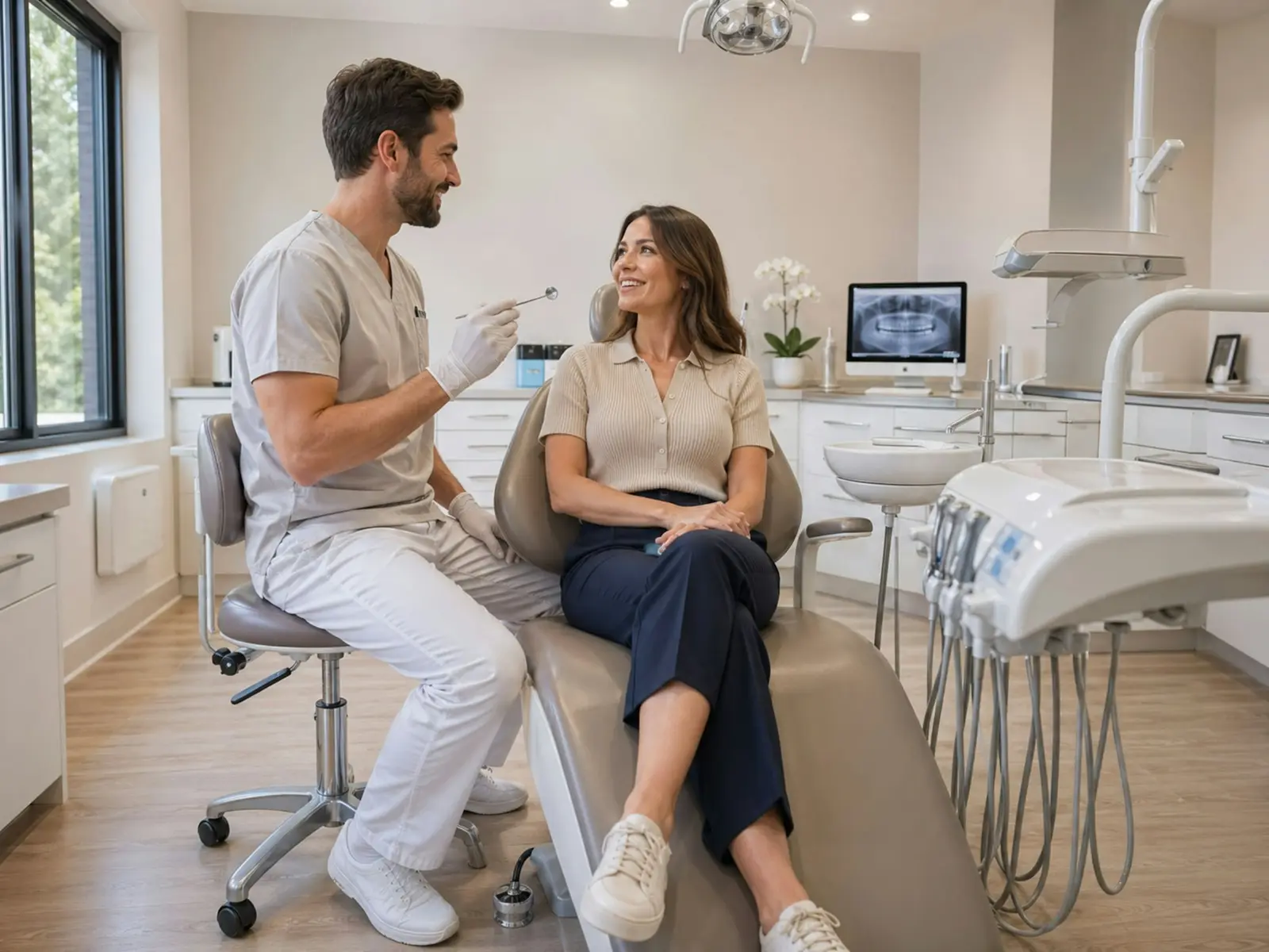 Dentist talking to a patient in a modern office