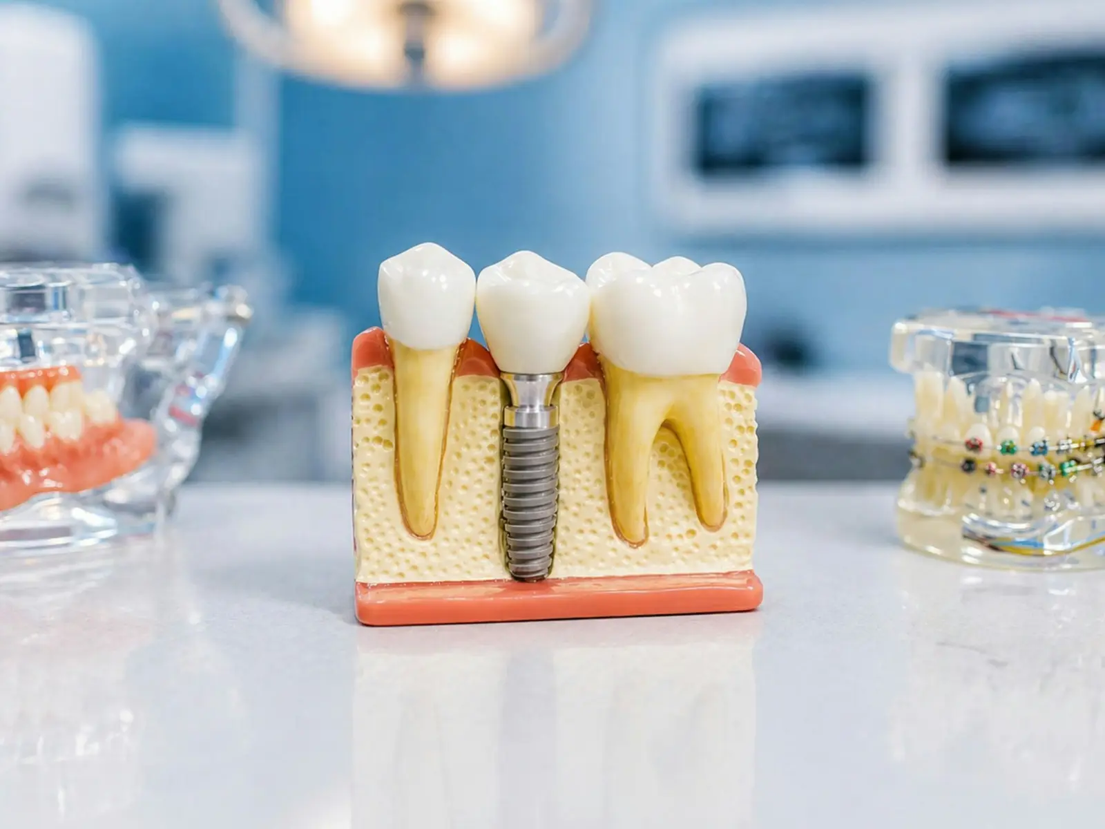 Dental implant model showing root and jawbone
