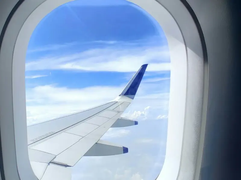 An aircraft wing seen through a cabin window