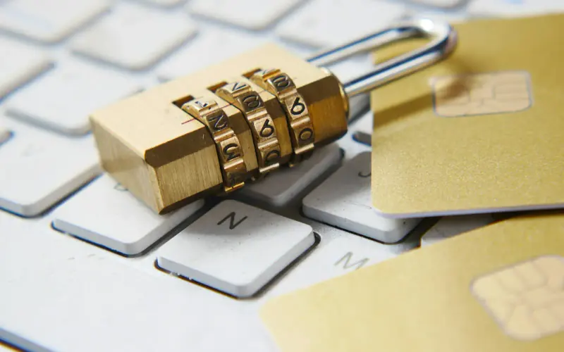 A padlock on a laptop keyboard